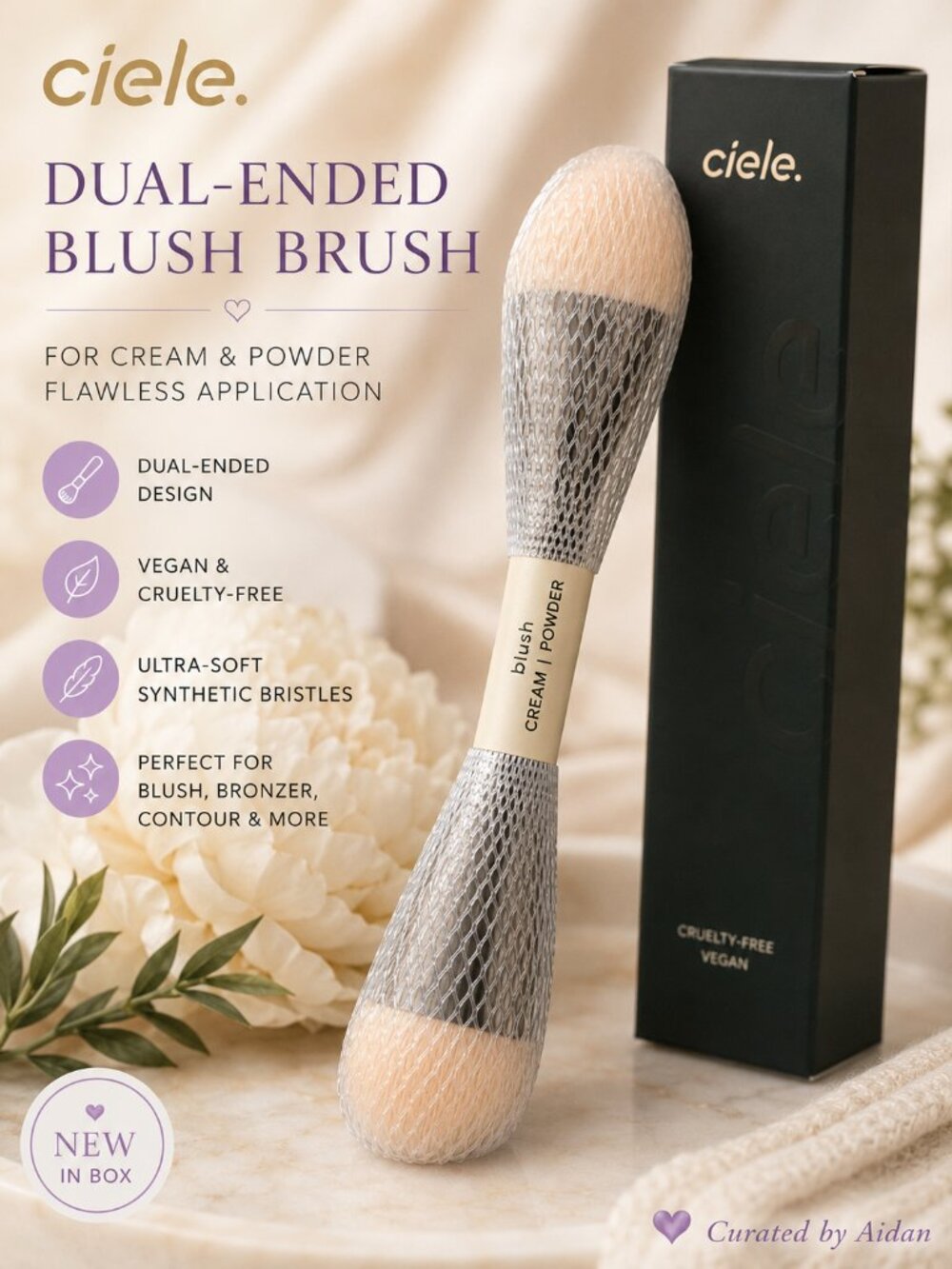 Ciele Dual-Ended Blush Brush | Cream & Powder Makeup Brush | Vegan Cruelty-Free